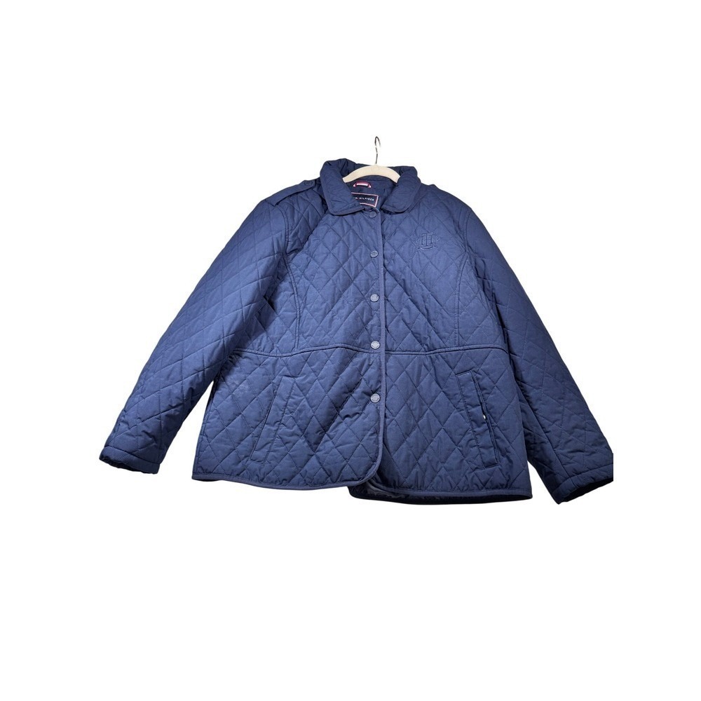 Tommy Hilfiger Quilted Jacket Navy Blue Embroidered Logo Button Front XXL‎ women